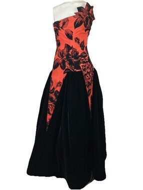 Vintage 80s Scassi Boutique Cut Velvet Strapless Floral Ballgown Orange Black